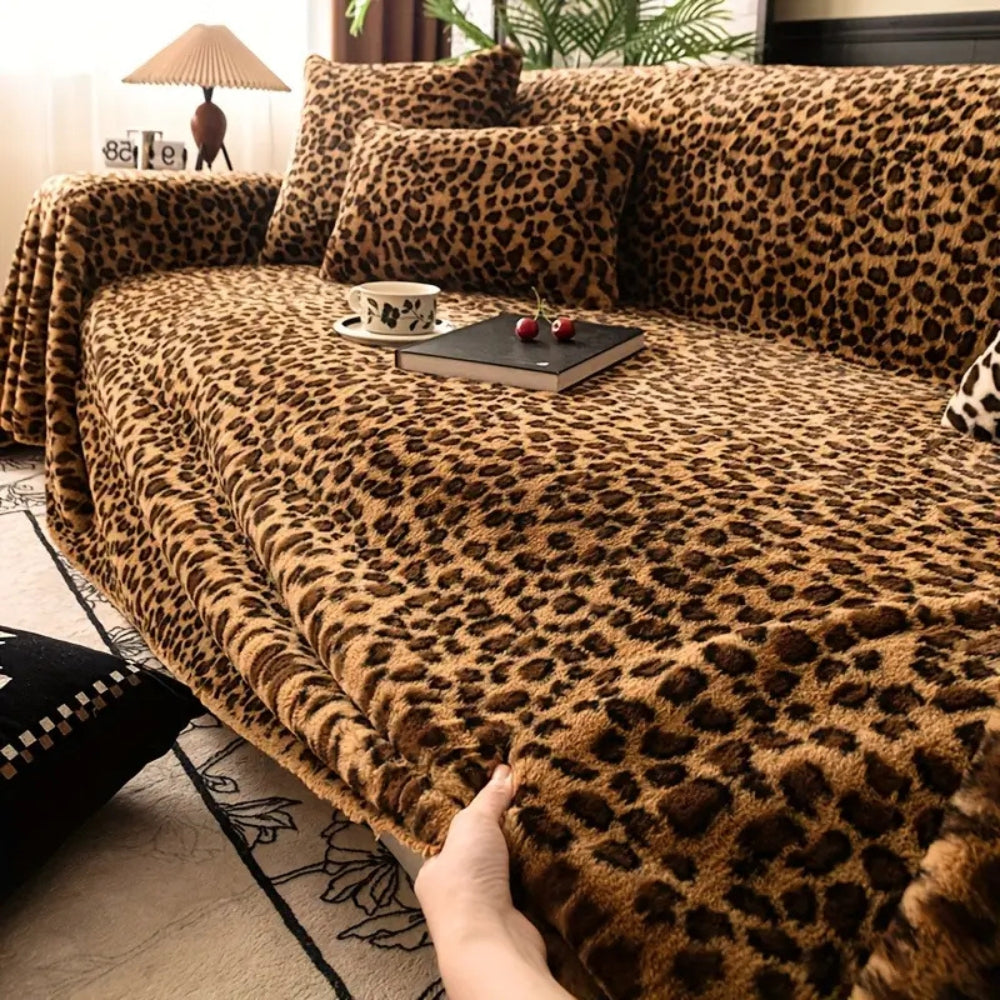 Plush Leopard Print Sofa Cover