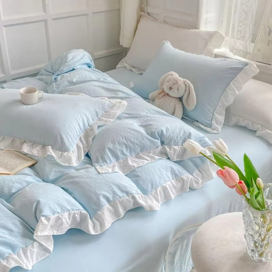 Cottagecore Ruffle Cotton Bedding Set - 4 Piece Pastel Duvet Cover and Sheet Set