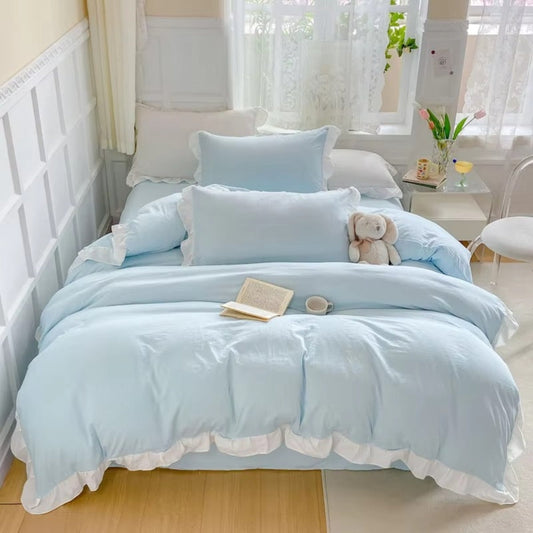 Cottagecore Ruffle Cotton Bedding Set in Pastel Tones