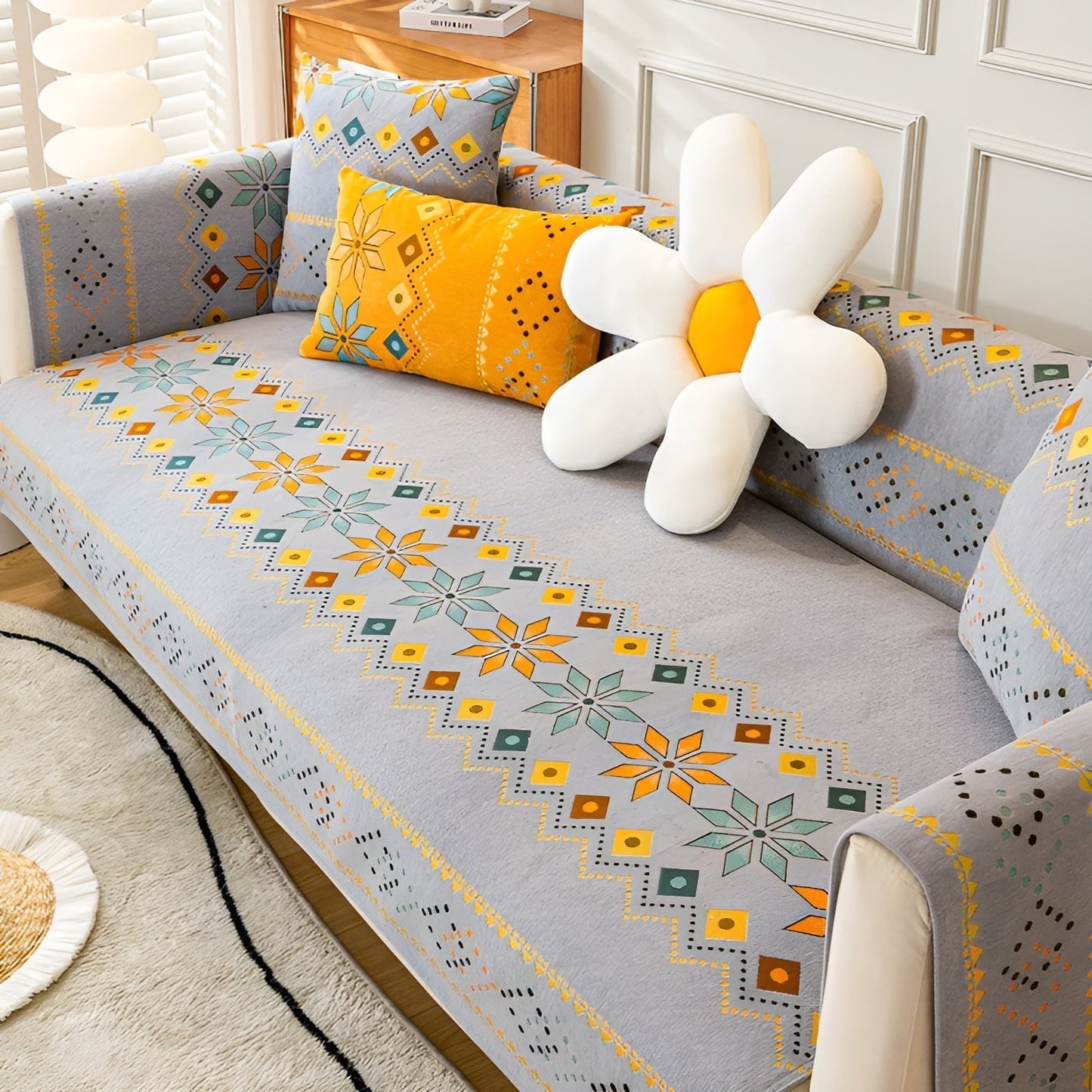 Boho Chenille Sofa Cover with Non-Slip Backing