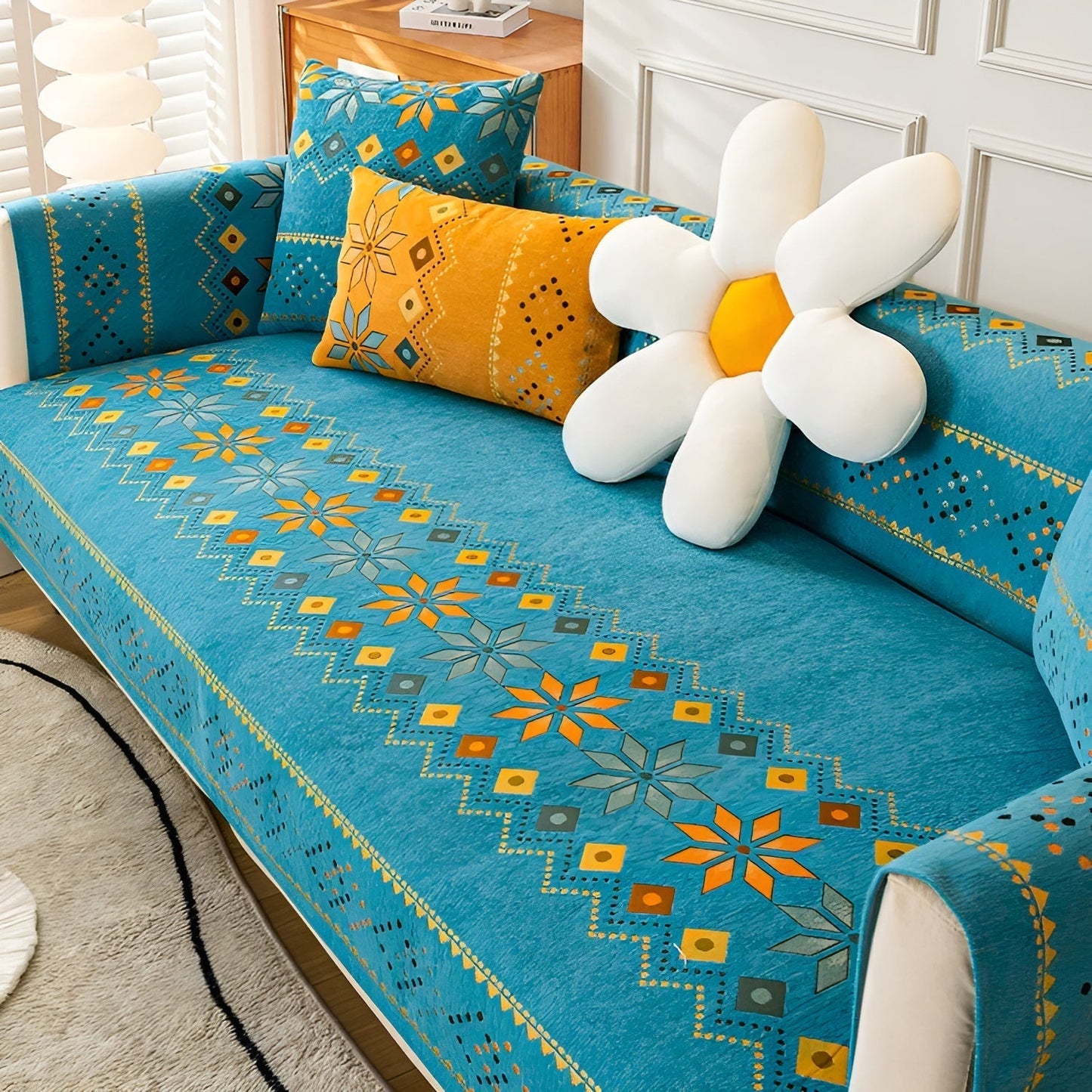 Boho Chenille Sofa Cover with Non-Slip Backing