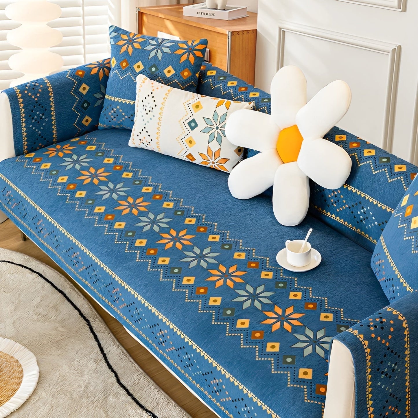 Boho Chenille Sofa Cover with Non-Slip Backing