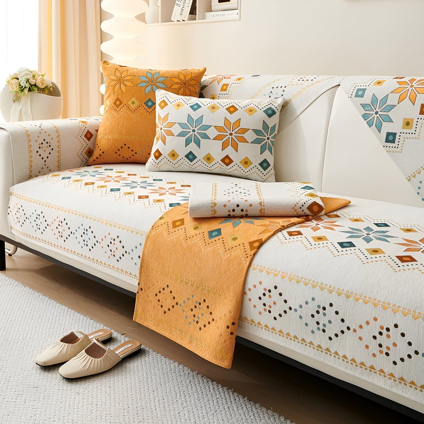 Boho Chenille Sofa Cover with Non-Slip Backing