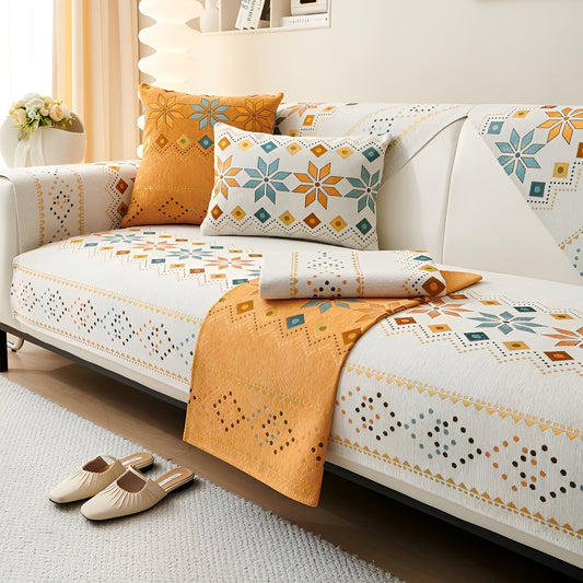 Boho Chenille Sofa Cover with Non-Slip Backing