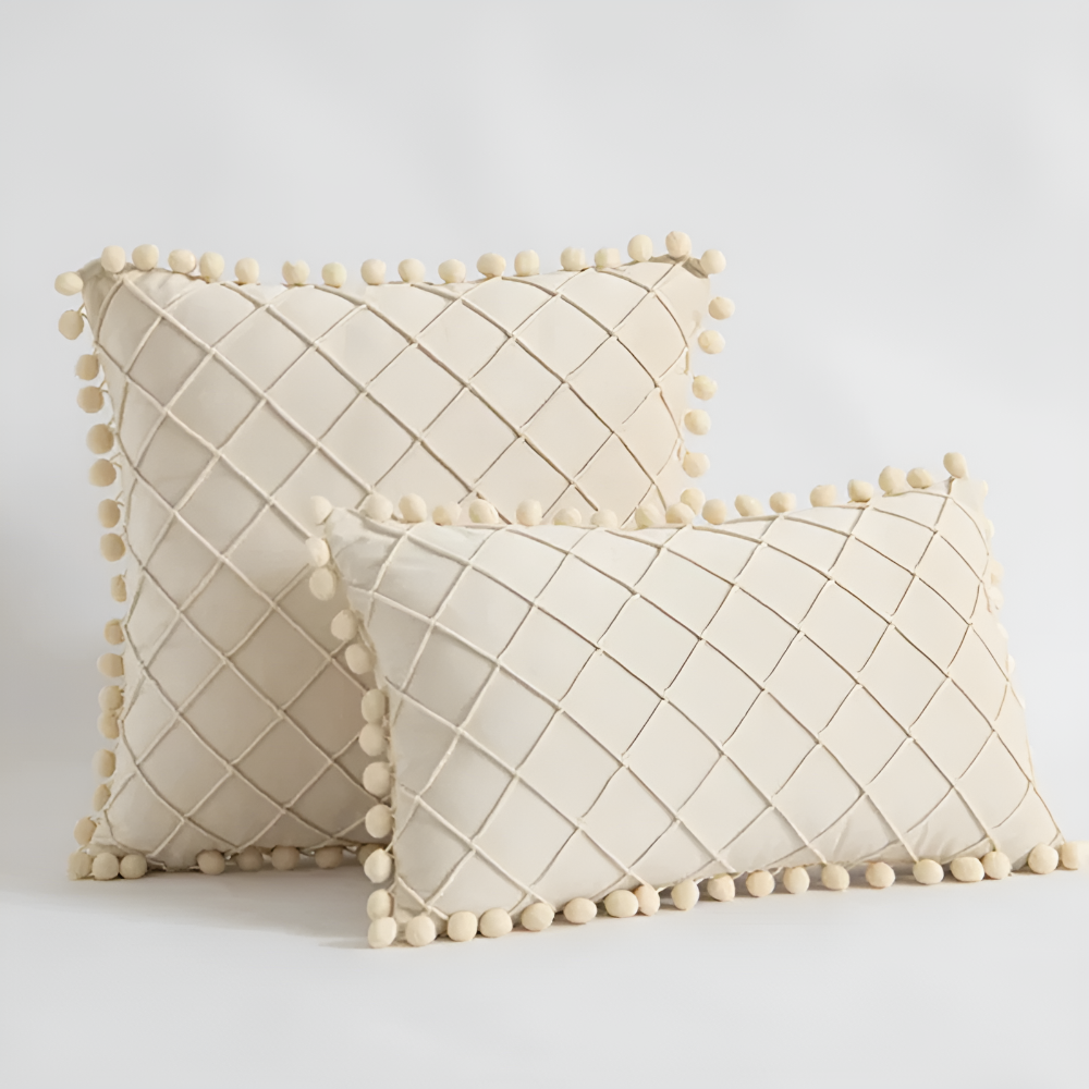 Quilted Velvet Cushion Cover with Wool Ball Design