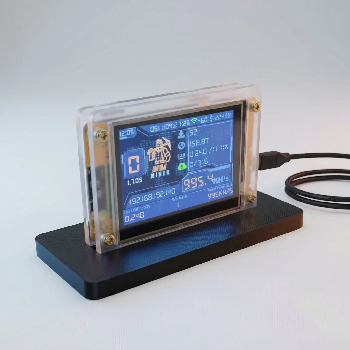 Compact Bitcoin Mining Unit with 2.8-Inch Display for Solo Mining