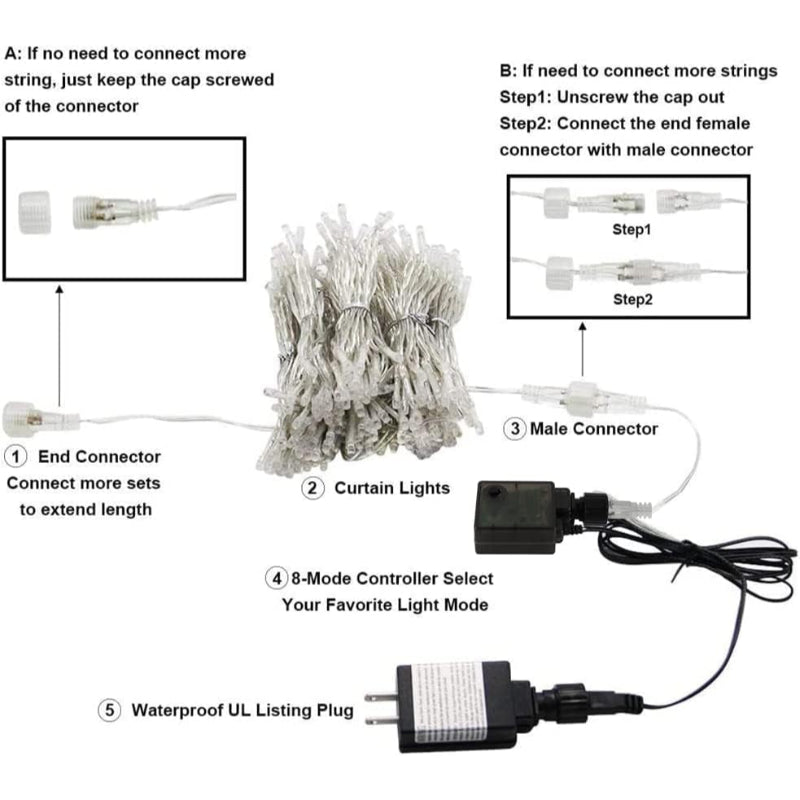 Waterproof LED Curtain Lights with Remote and Multiple Modes