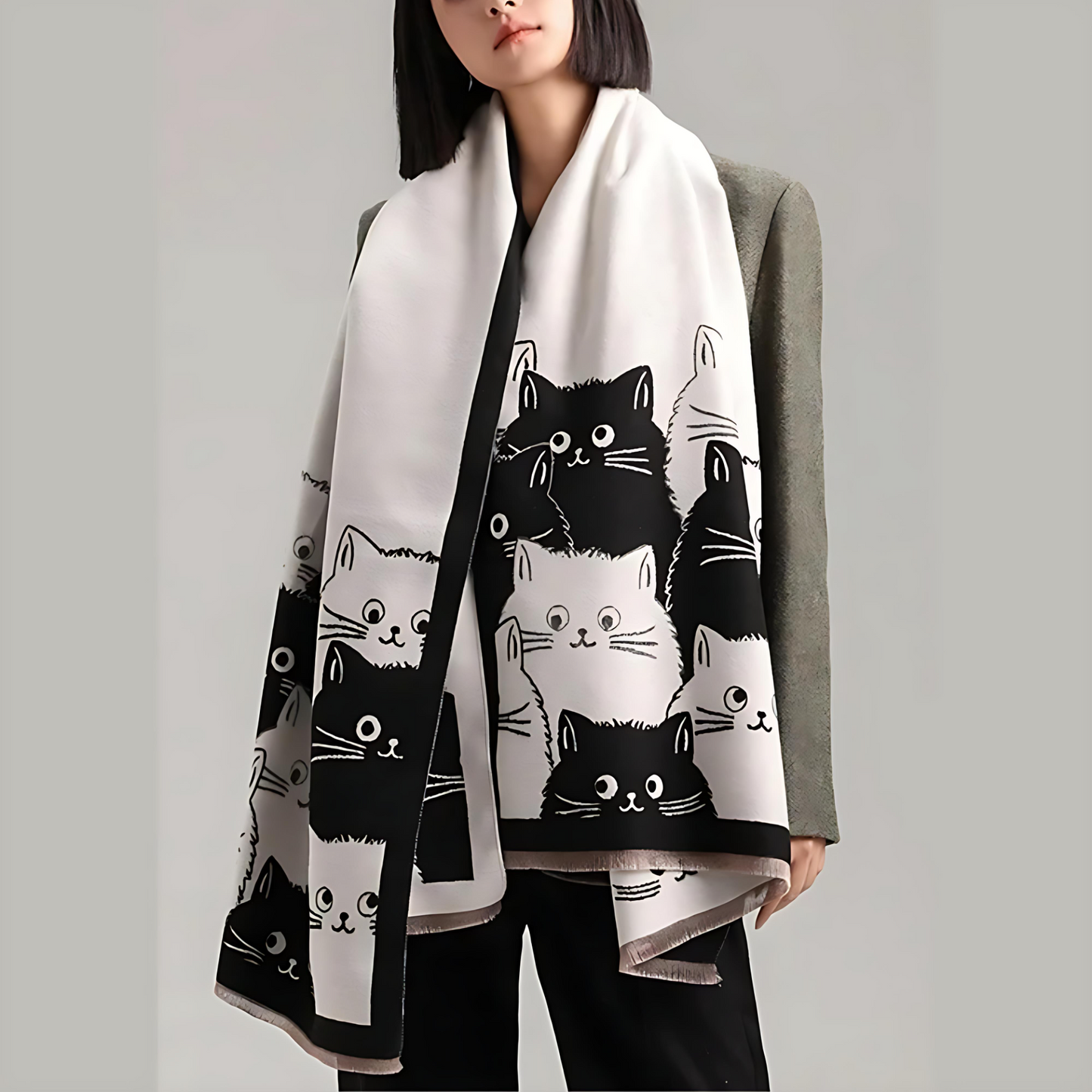 Cute Cat Jacquard Winter Scarf in Soft Microfiber Blend