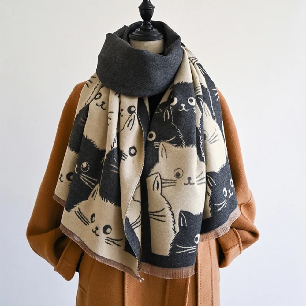 Cute Cat Jacquard Winter Scarf in Soft Microfiber Blend