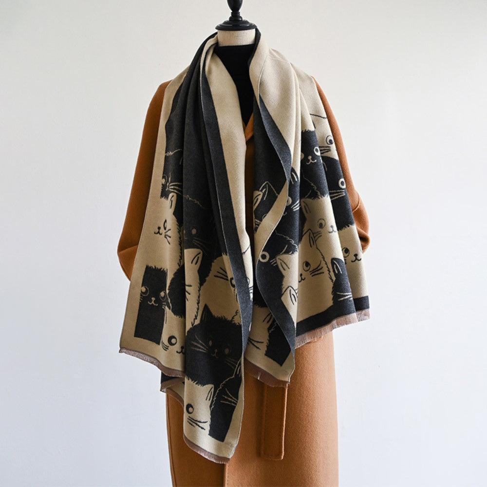Cute Cat Jacquard Winter Scarf in Soft Microfiber Blend