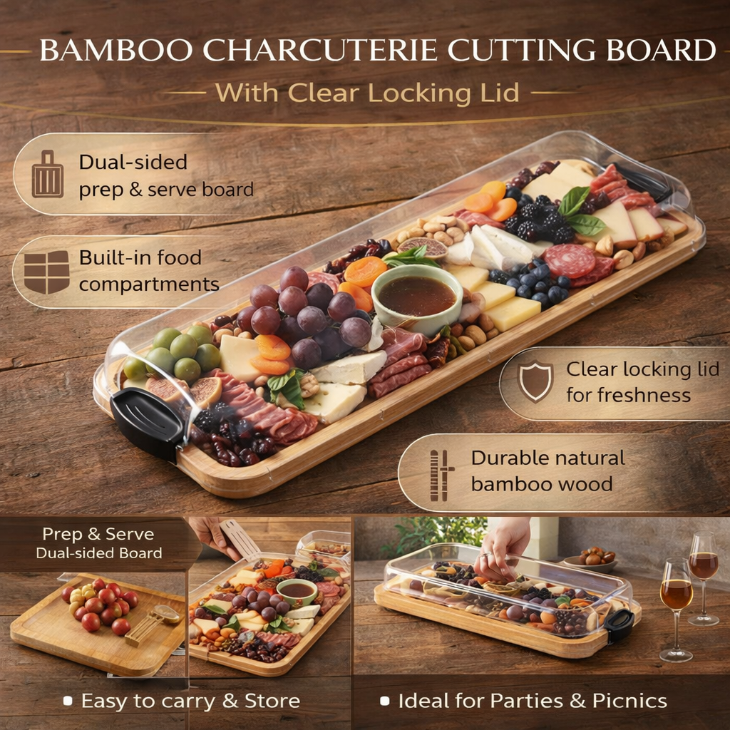 Bamboo Charcuterie Cutting Board with Locking Lid