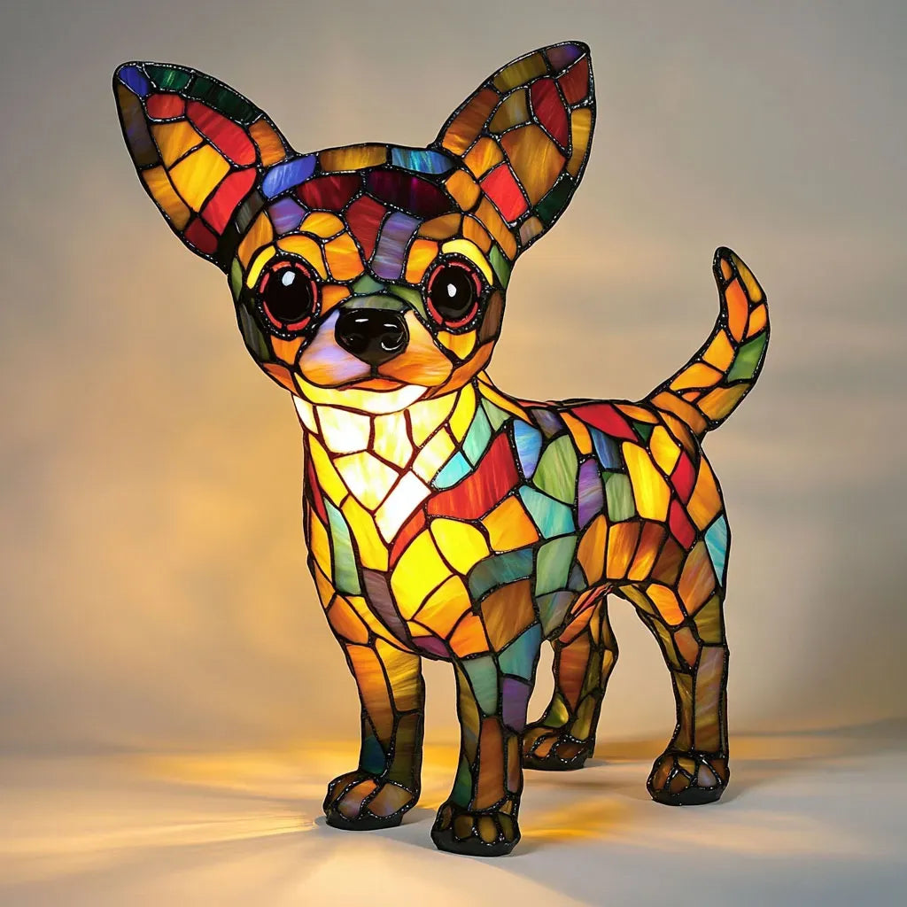 Stained Glass Dog Table Lamp with Colorful Ambient Light