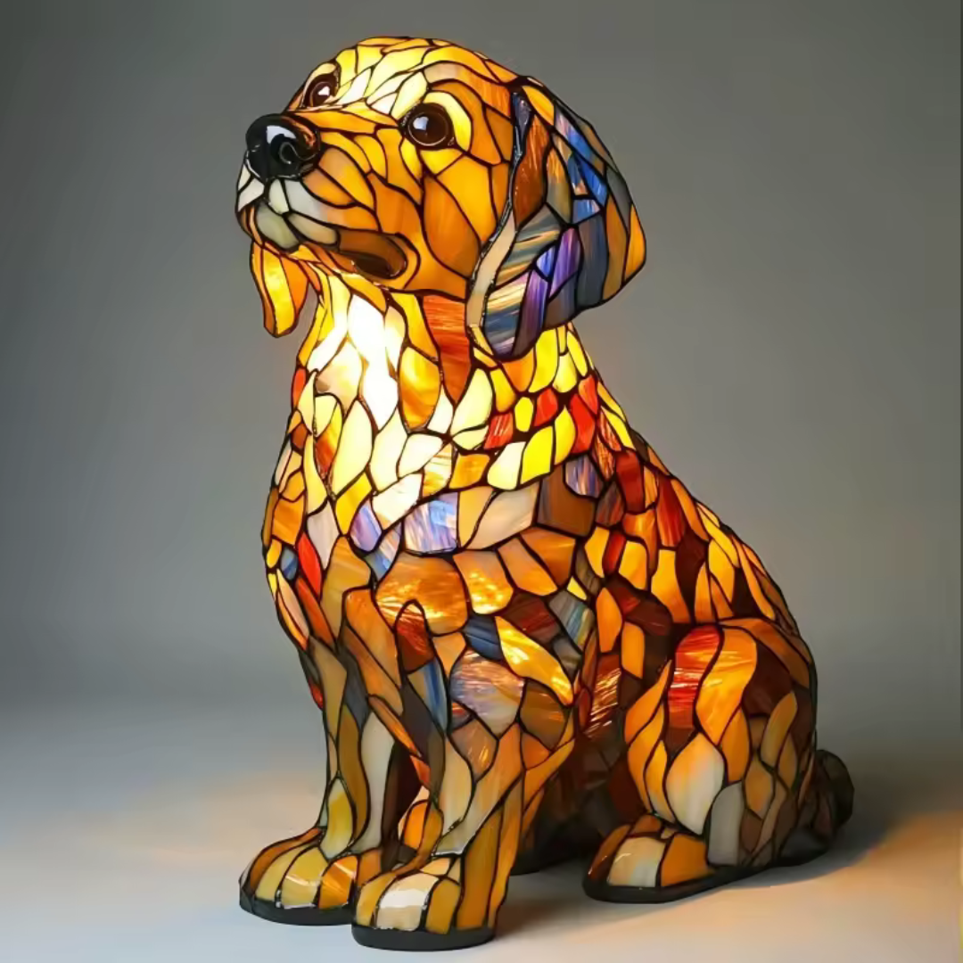 Stained Glass Dog Table Lamp with Colorful Ambient Light