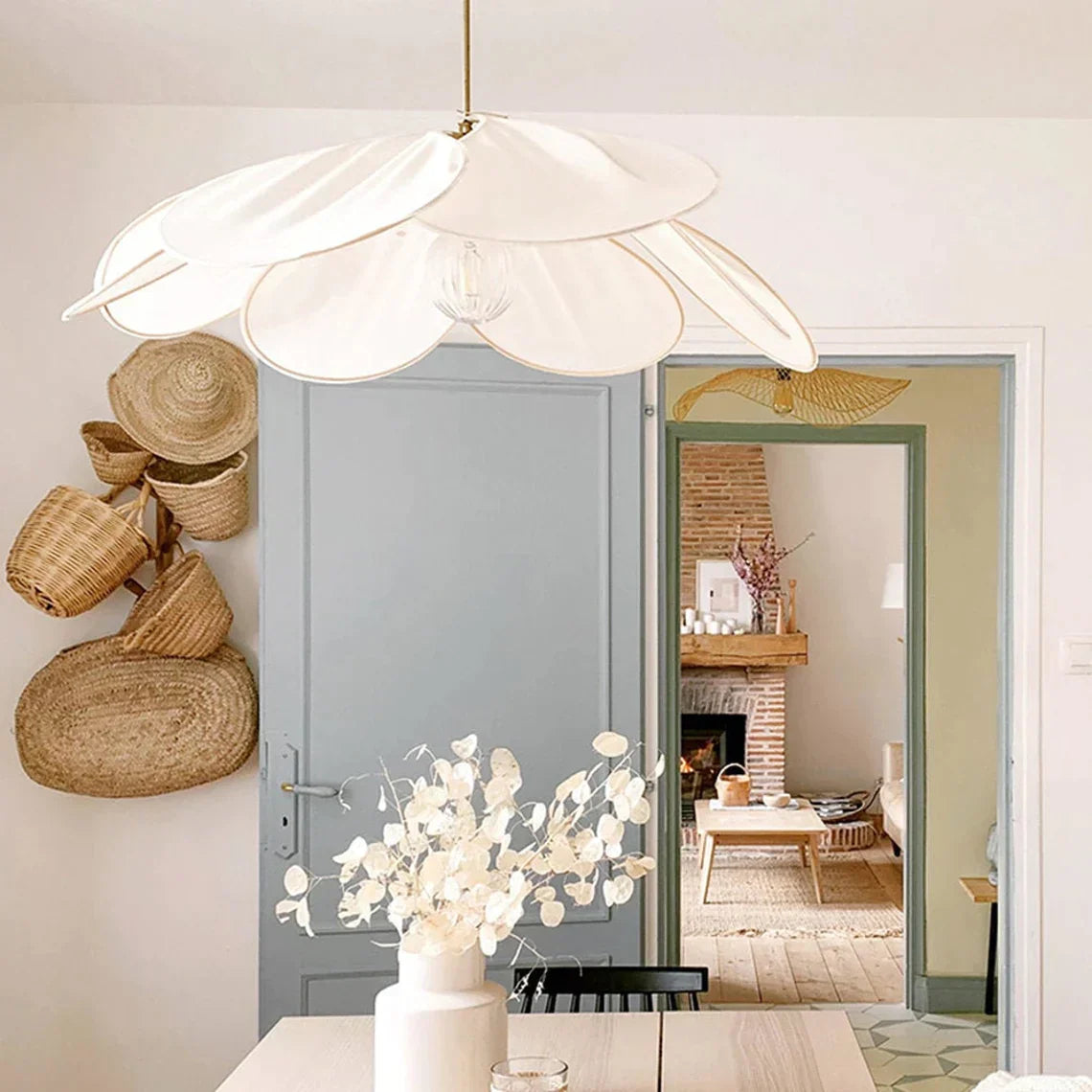 Nordic Rattan and Fabric Petal Pendant Light