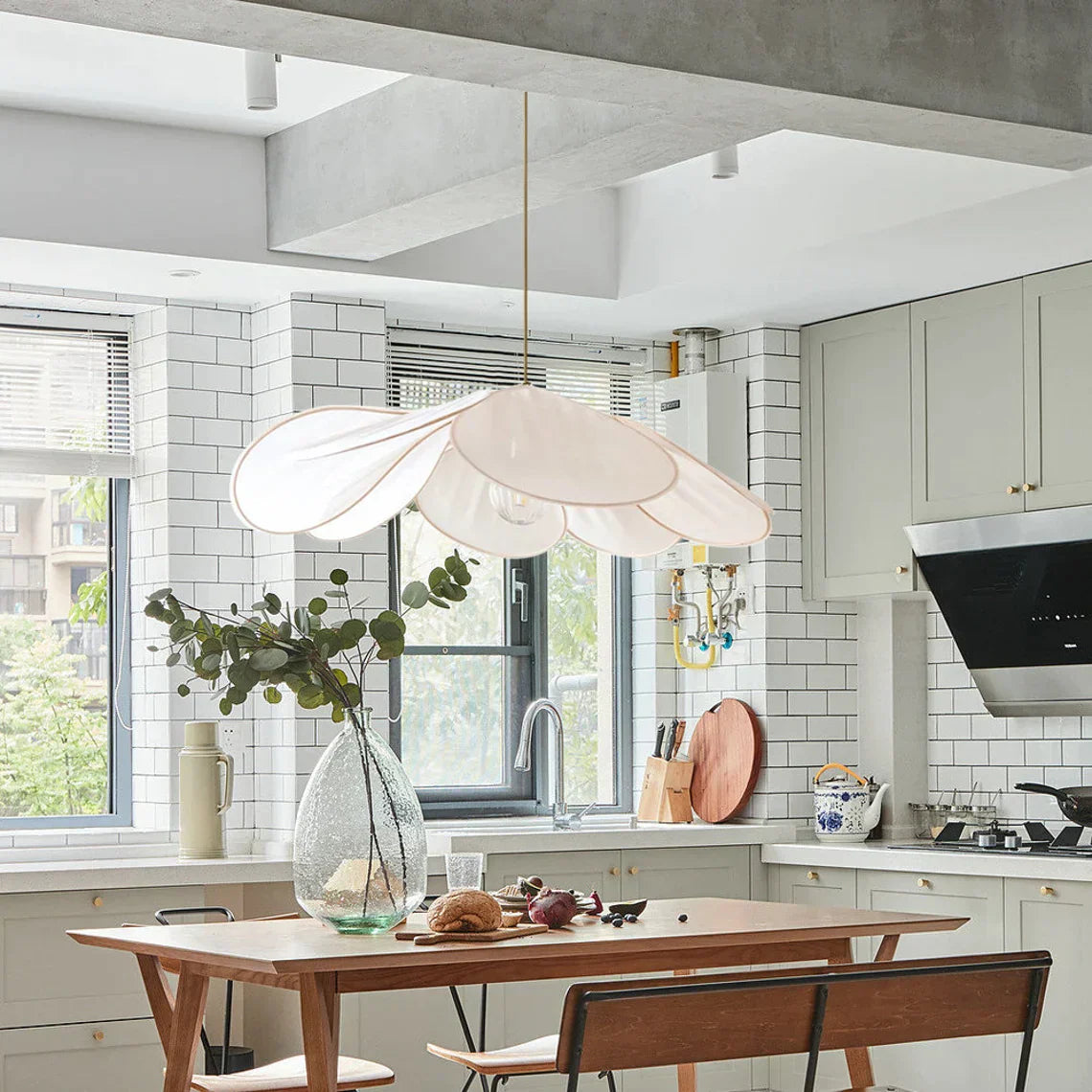 Nordic Rattan and Fabric Petal Pendant Light