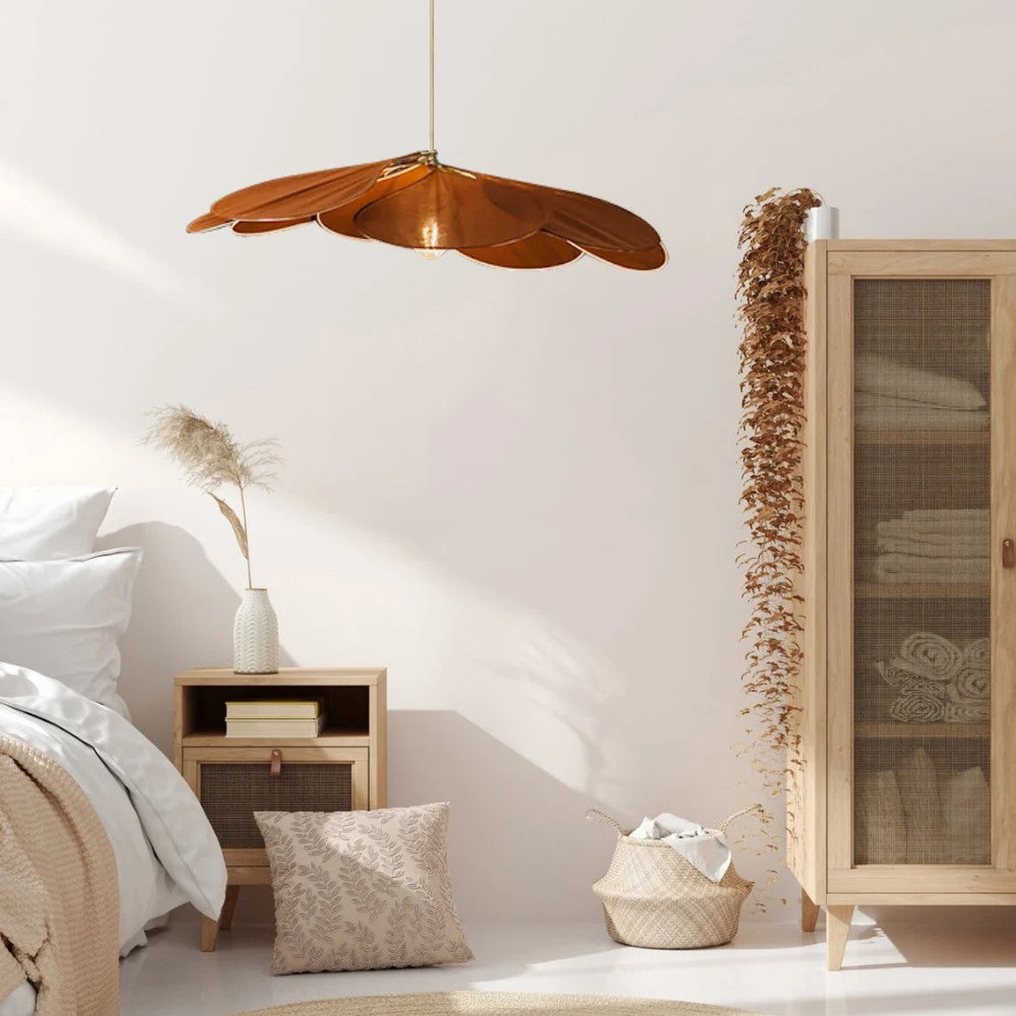 Nordic Rattan and Fabric Petal Pendant Light