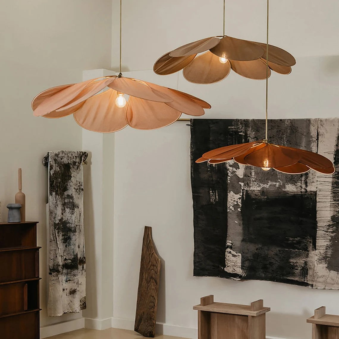 Nordic Rattan and Fabric Petal Pendant Light