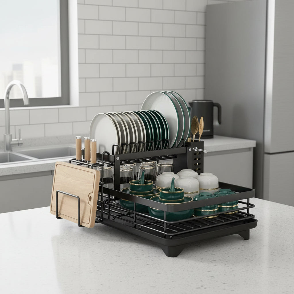 Foldable Stainless Steel Dish Rack with Cutlery Holder