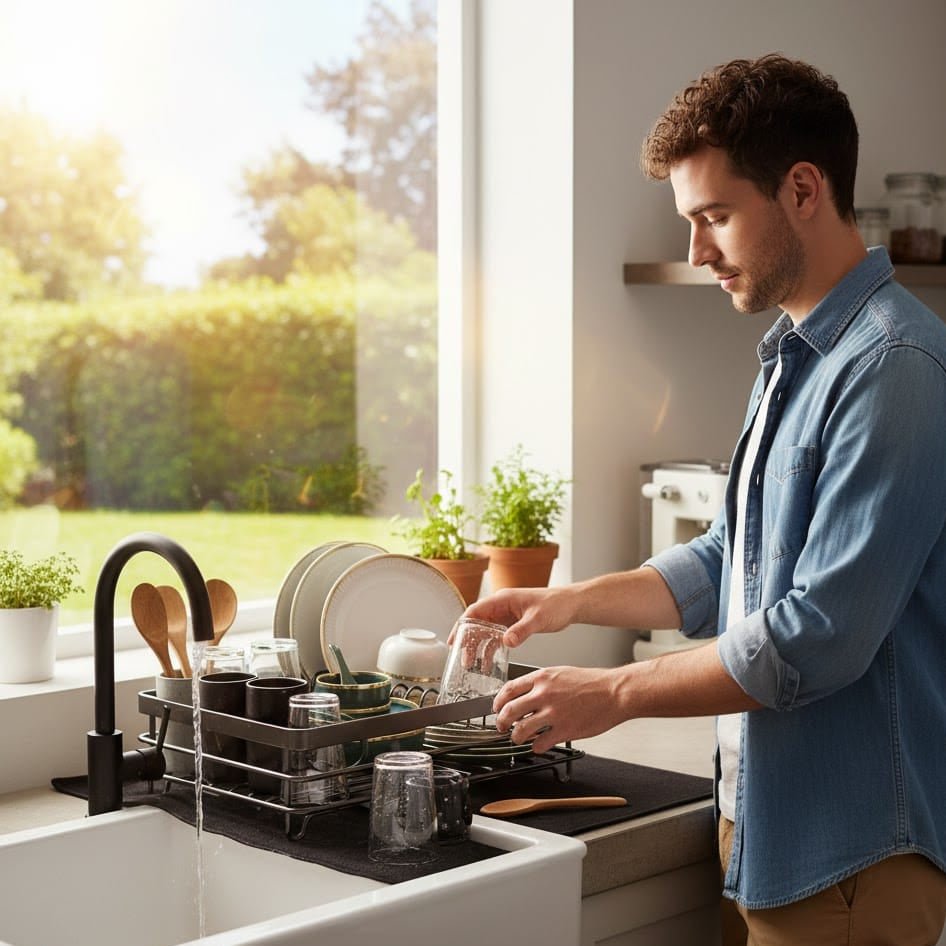 Foldable Stainless Steel Dish Rack with Cutlery Holder