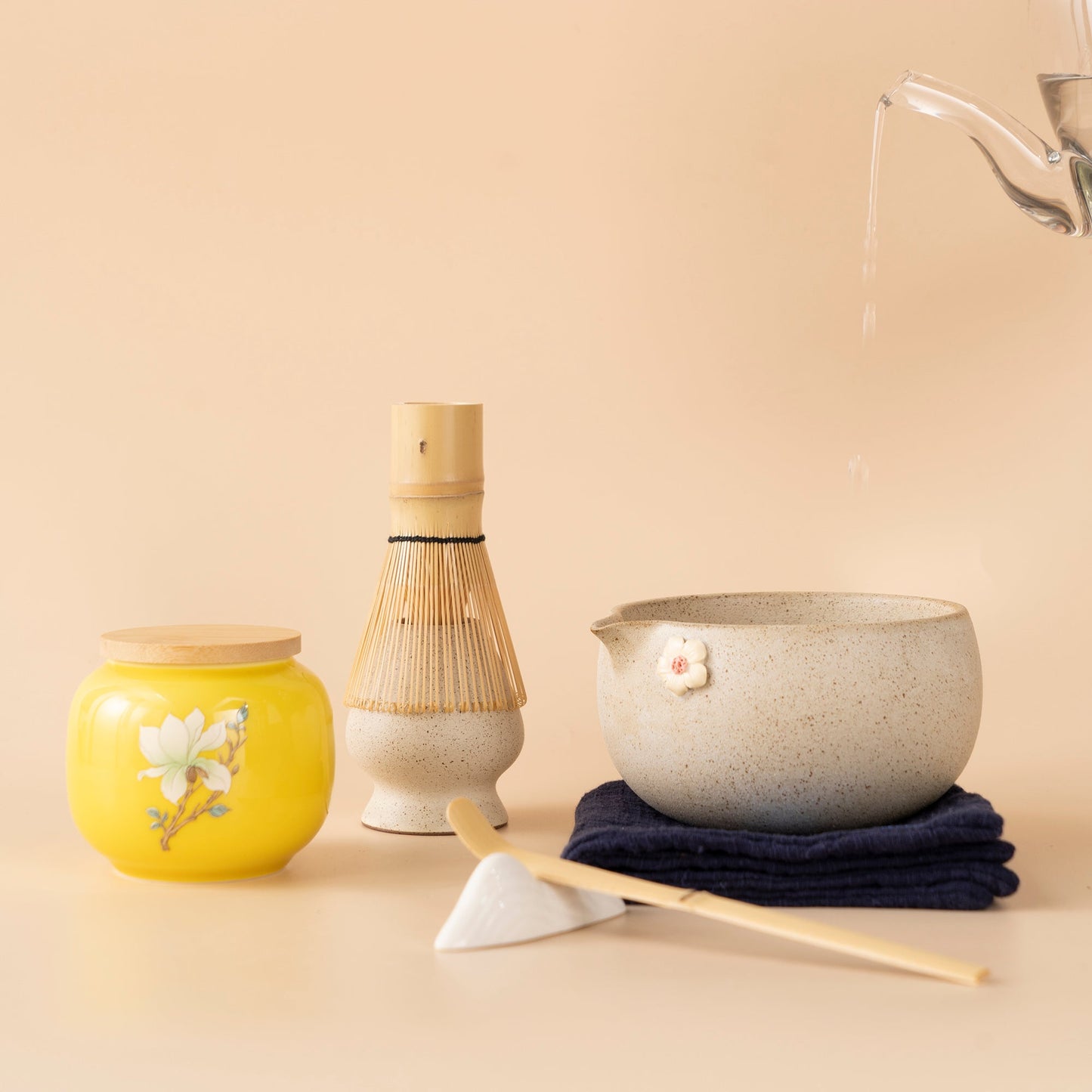 Japanese Ceramic Flower Matcha Tea Set with Bamboo Whisk
