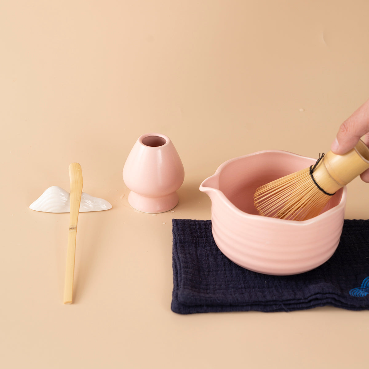 Pink Matcha Green Tea Set with Ceramic Bowl and Bamboo Whisk