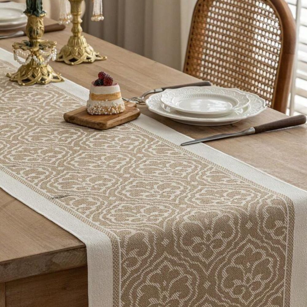 Damask Floral Medallion Table Runner with Tassel Fringe