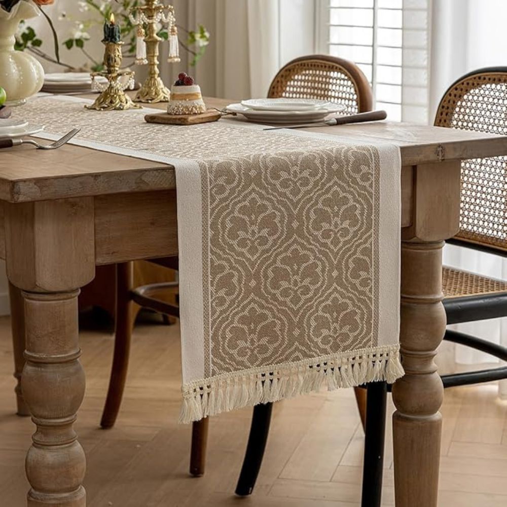 Damask Floral Medallion Table Runner with Tassel Fringe