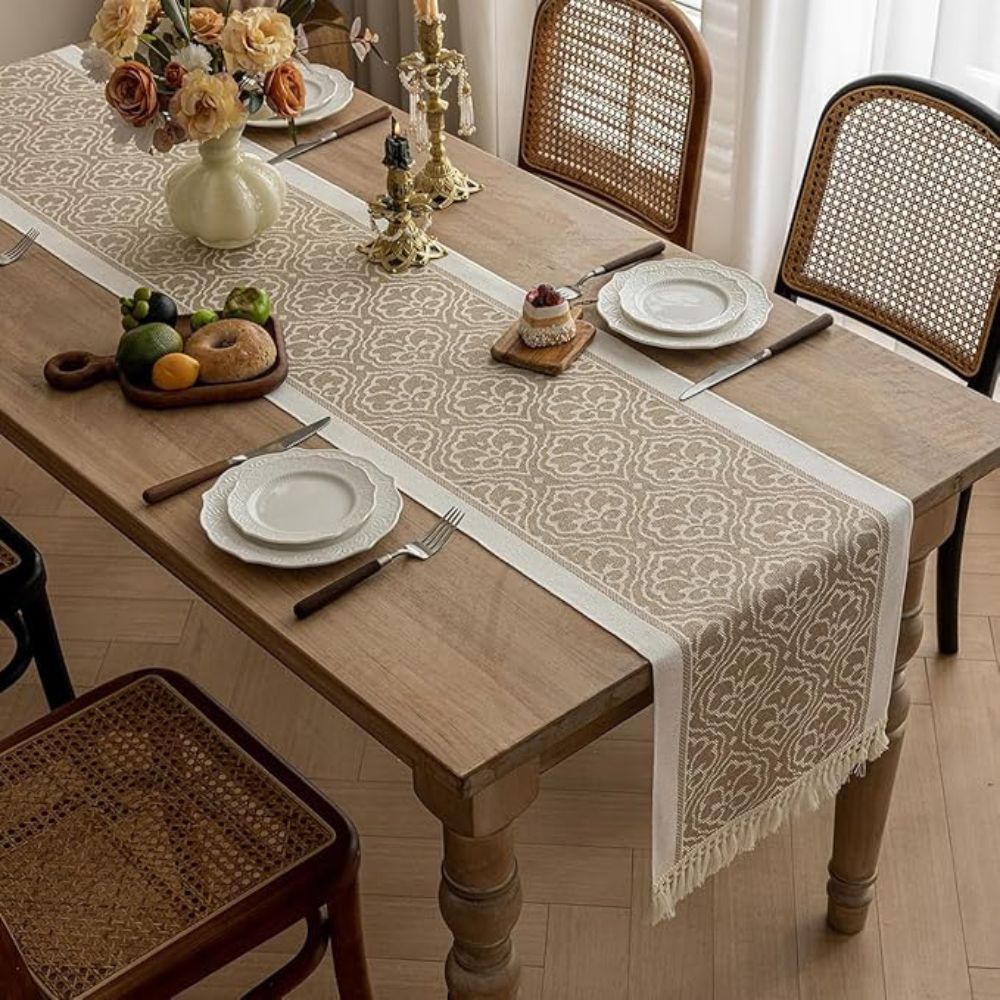 Damask Floral Medallion Table Runner with Tassel Fringe