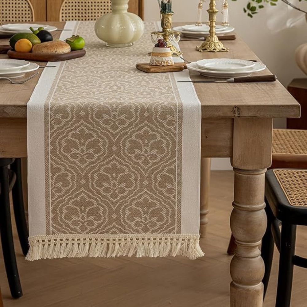 Damask Floral Medallion Table Runner with Tassel Fringe