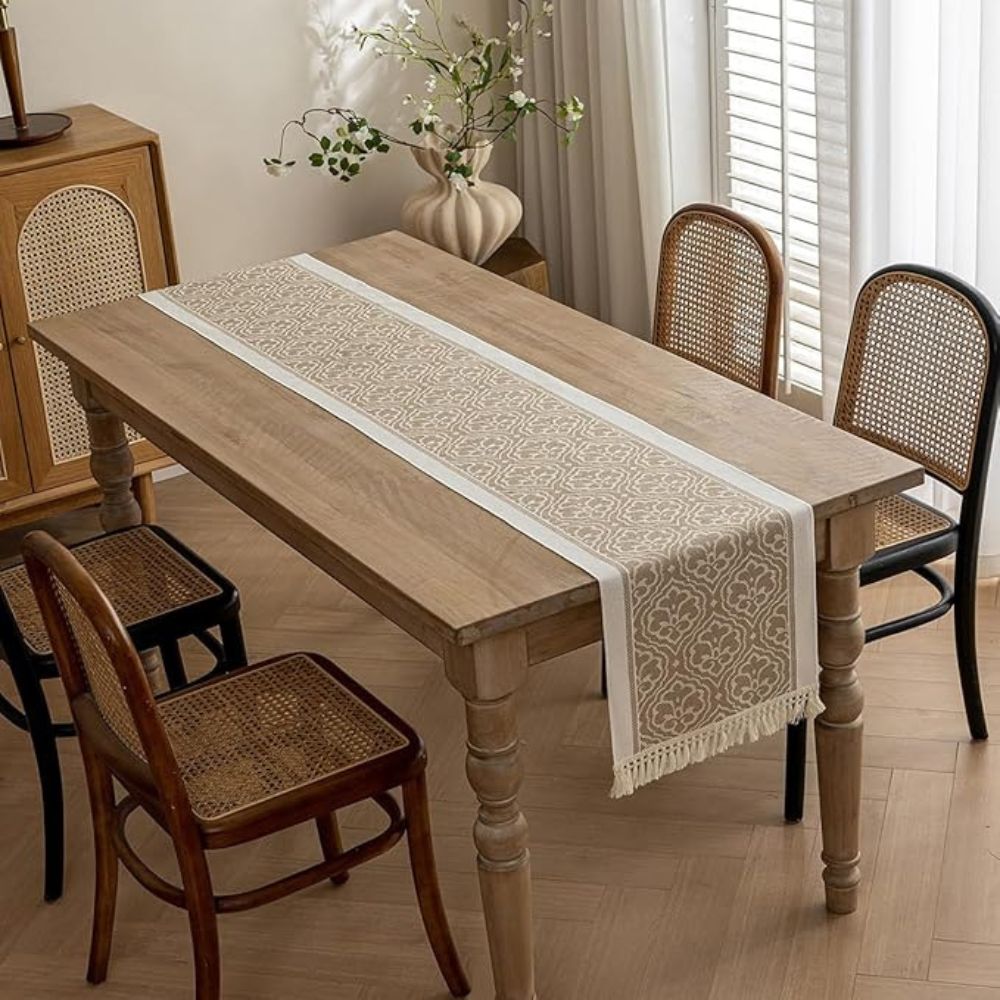 Damask Floral Medallion Table Runner with Tassel Fringe