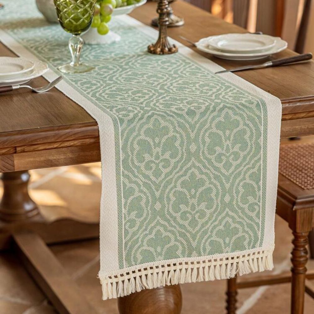 Damask Floral Medallion Table Runner with Tassel Fringe