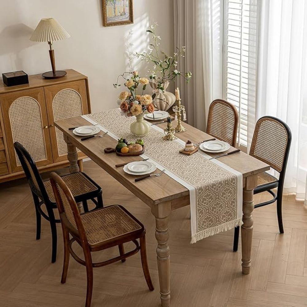 Damask Floral Medallion Table Runner with Tassel Fringe