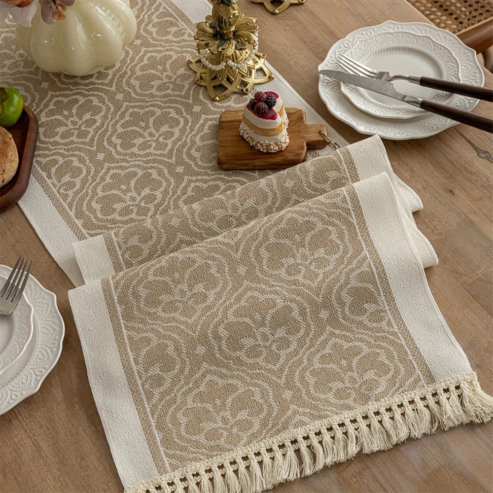 Damask Floral Medallion Table Runner with Tassel Fringe