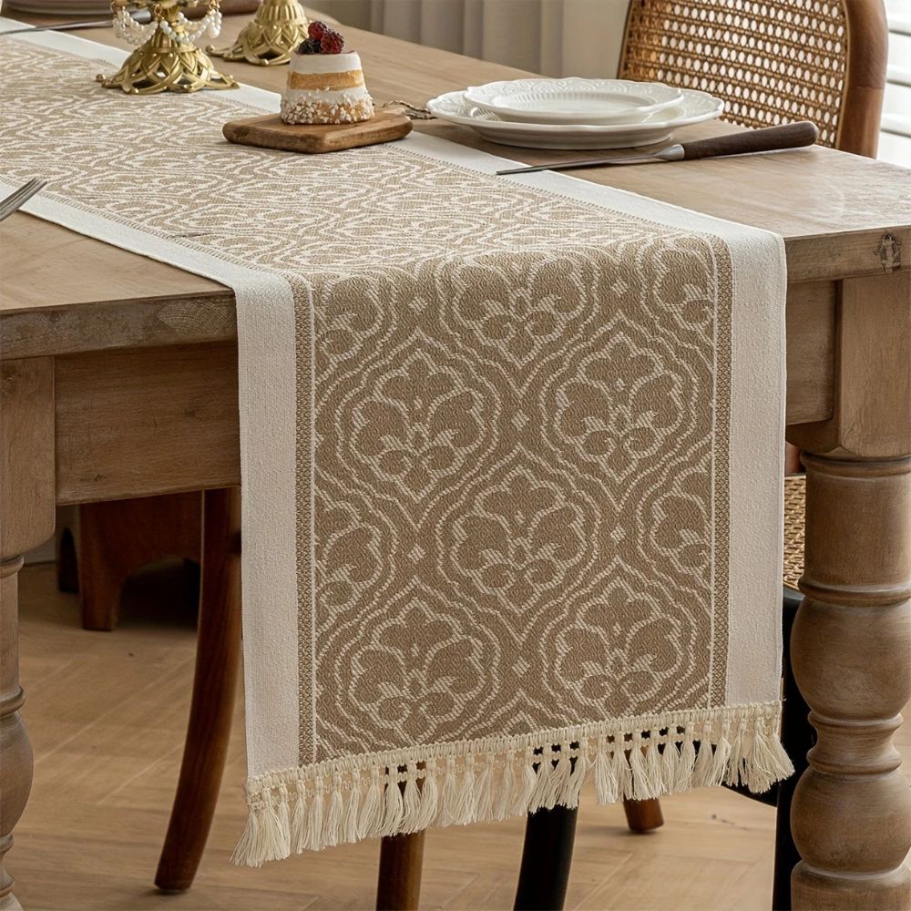 Damask Floral Medallion Table Runner with Tassel Fringe