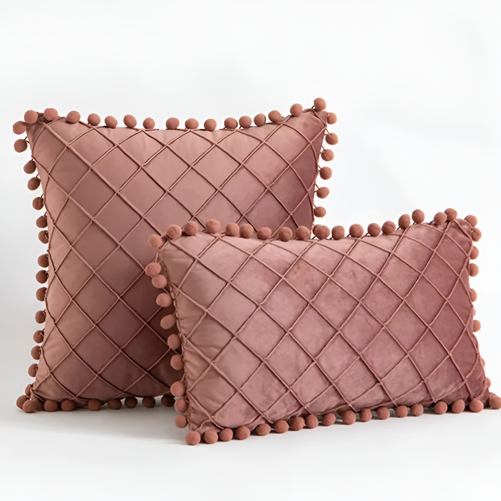 Quilted Velvet Cushion Cover with Wool Ball Design