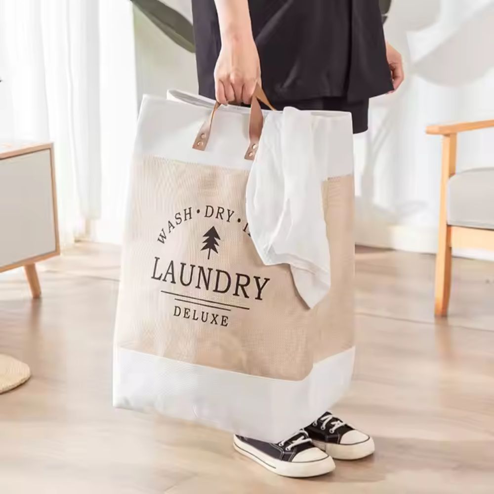 Deluxe Freestanding Laundry Basket with Faux Leather Handles