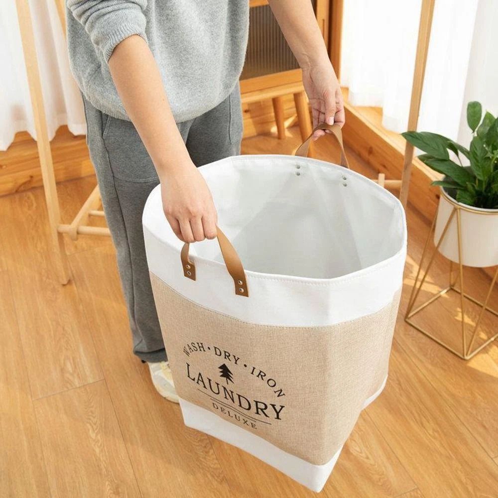 Deluxe Freestanding Laundry Basket with Faux Leather Handles