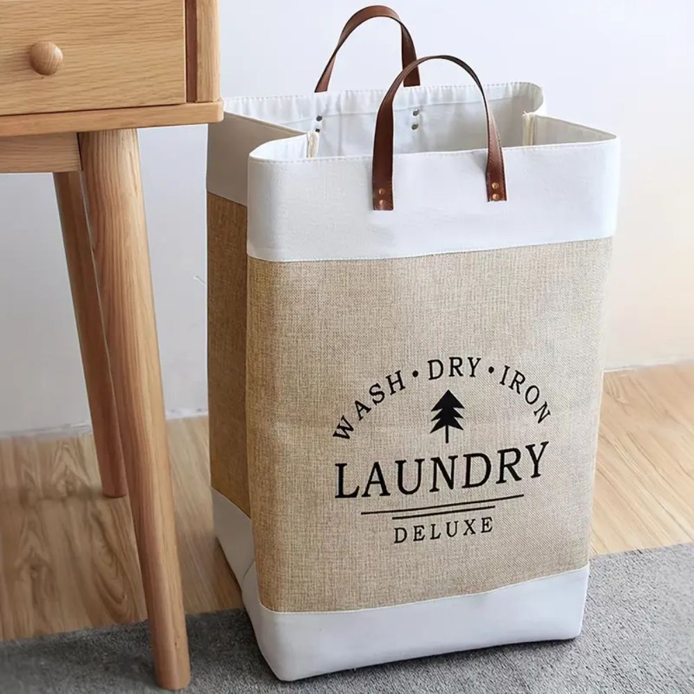 Deluxe Freestanding Laundry Basket with Faux Leather Handles