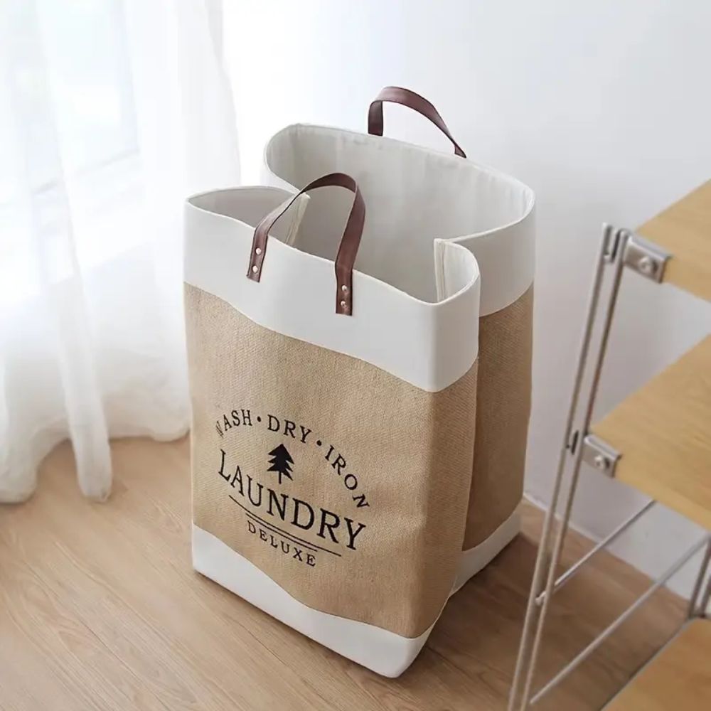 Deluxe Freestanding Laundry Basket with Faux Leather Handles
