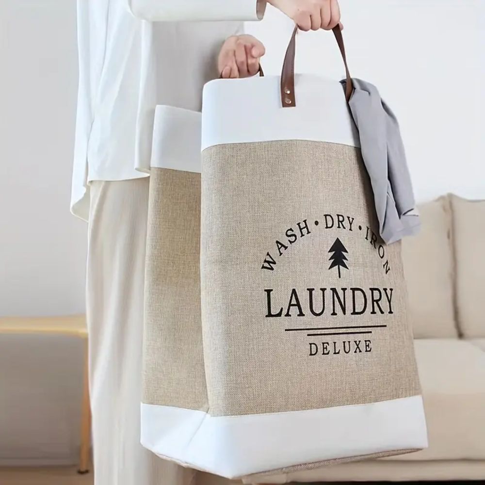 Deluxe Freestanding Laundry Basket with Faux Leather Handles