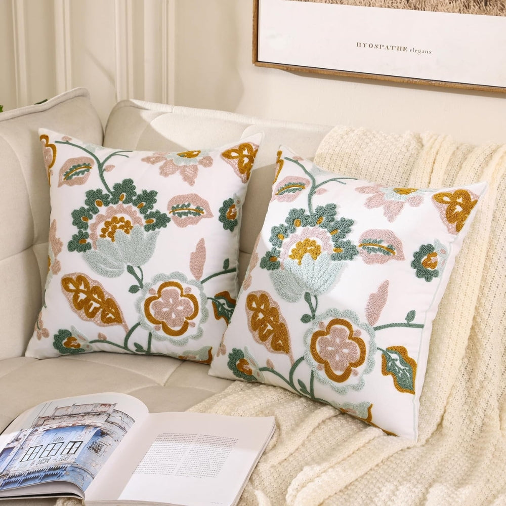 Floral Embroidered Tufted Cushion Cover 18x18