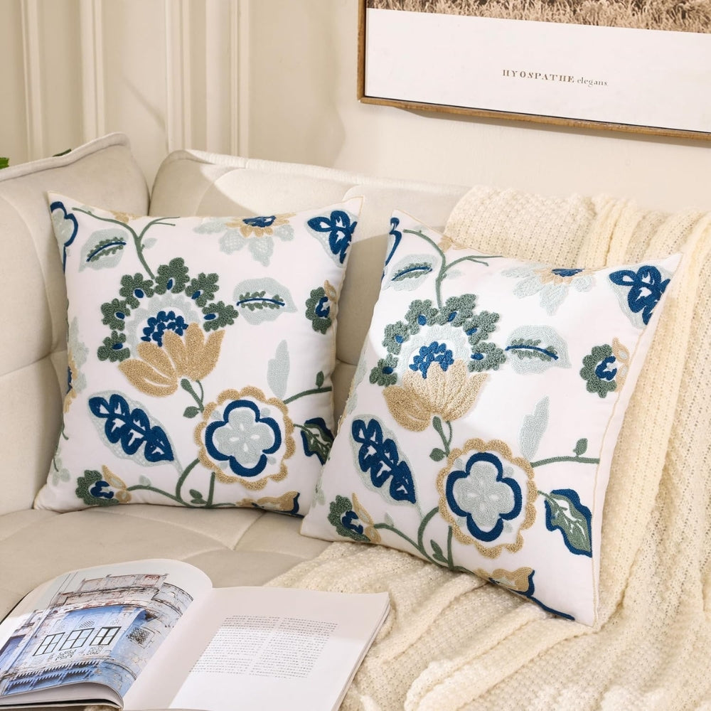 Floral Embroidered Tufted Cushion Cover 18x18