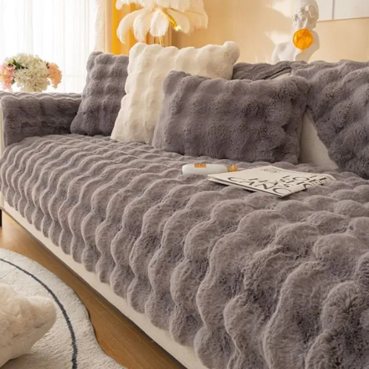 Thick Rabbit Fleece Sofa Cover with Non-Slip Backing