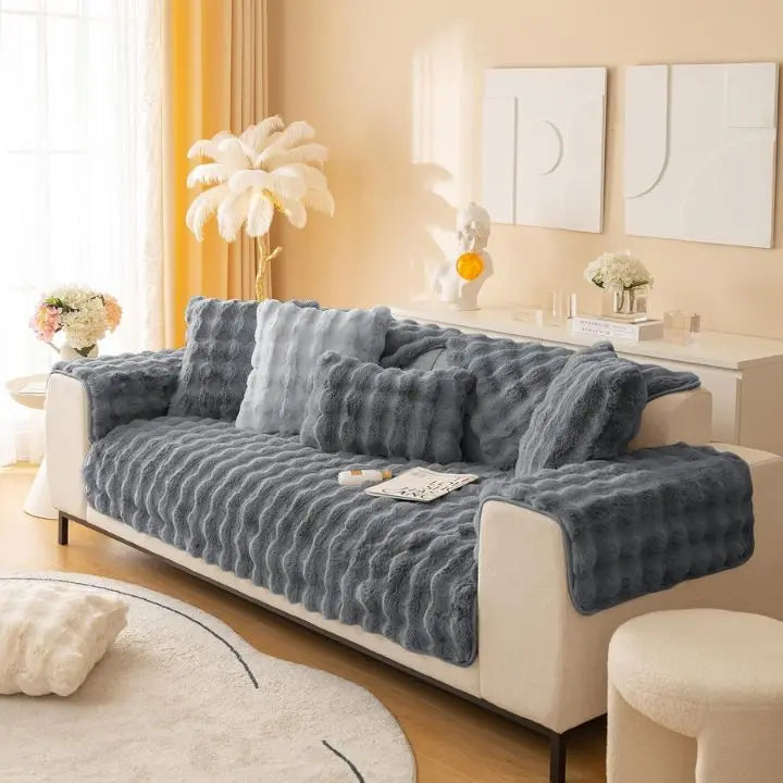 Thick Rabbit Fleece Sofa Cover with Non-Slip Backing