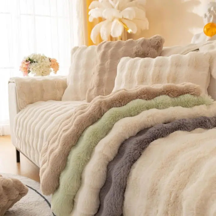 Thick Rabbit Fleece Sofa Cover with Non-Slip Backing