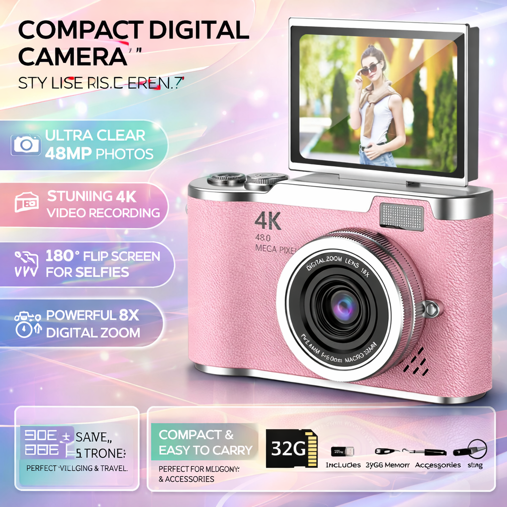 4K Digital Camera with 48MP, Flip Screen, and 8X Zoom