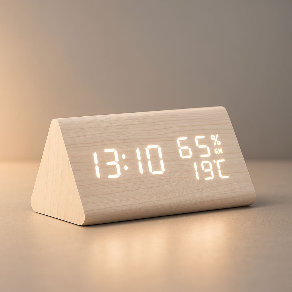 Digital LED Alarm Clock with Wooden Finish and Adjustable Brightness