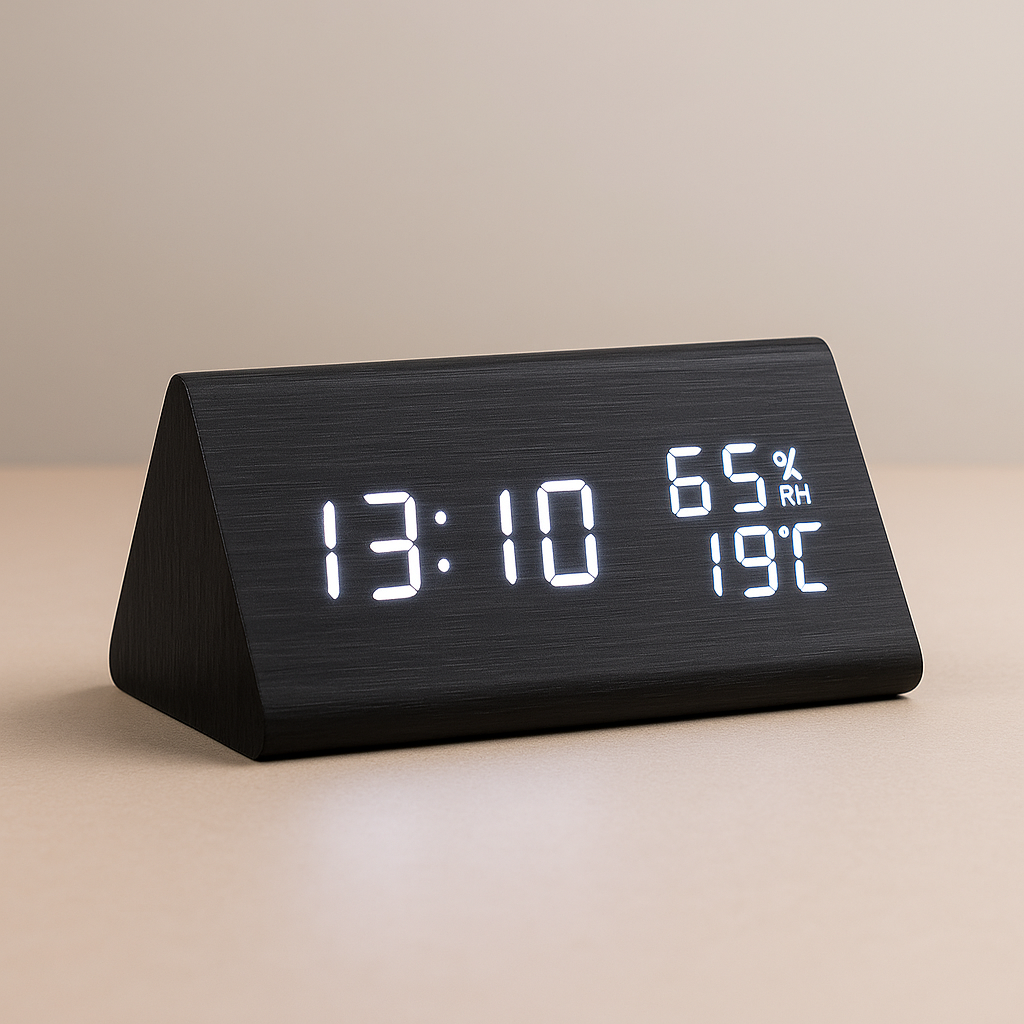 Digital LED Alarm Clock with Wooden Finish and Adjustable Brightness