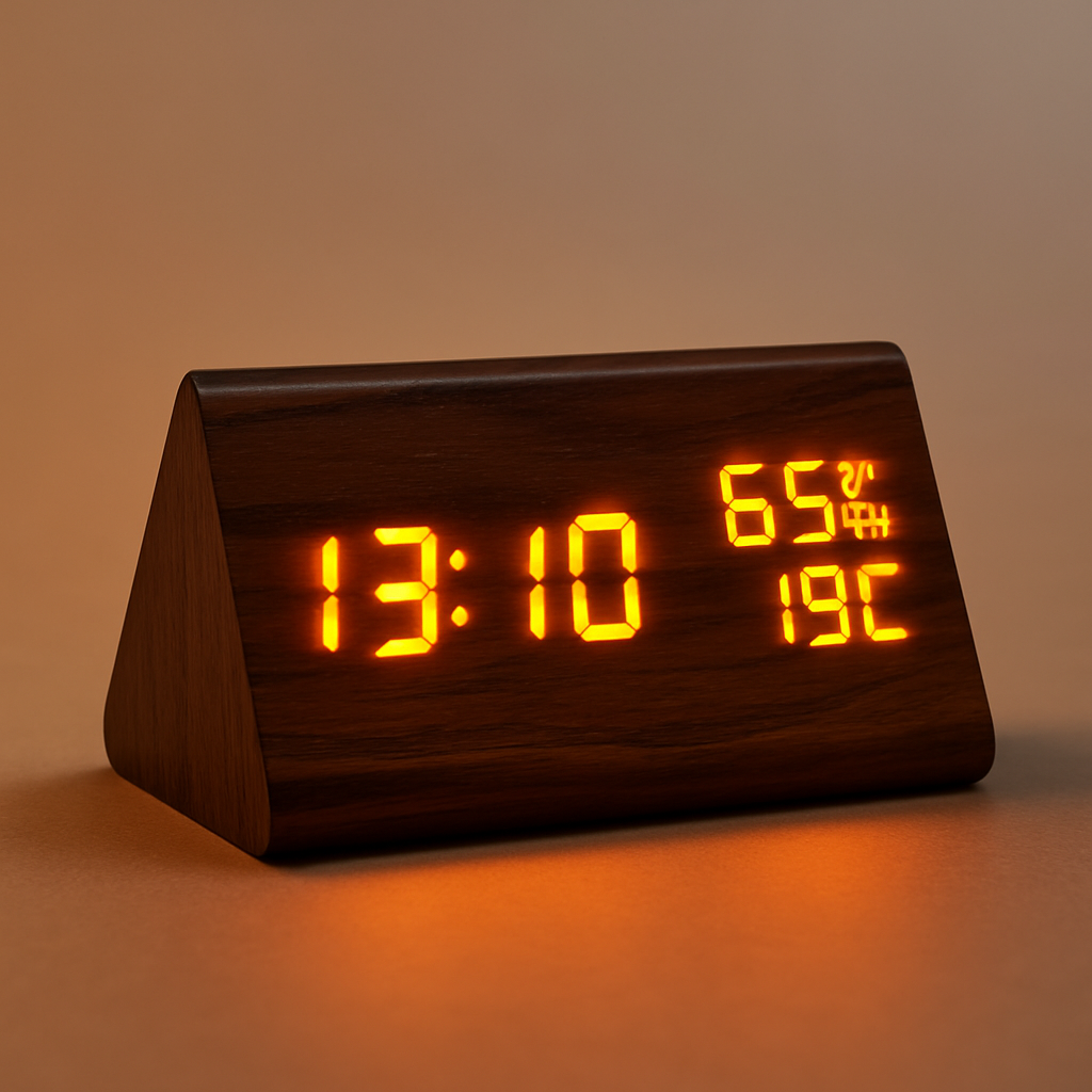 Digital LED Alarm Clock with Wooden Finish and Adjustable Brightness