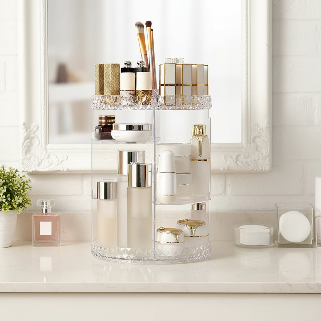 Rotating Acrylic Makeup Organizer with Clear Compartments
